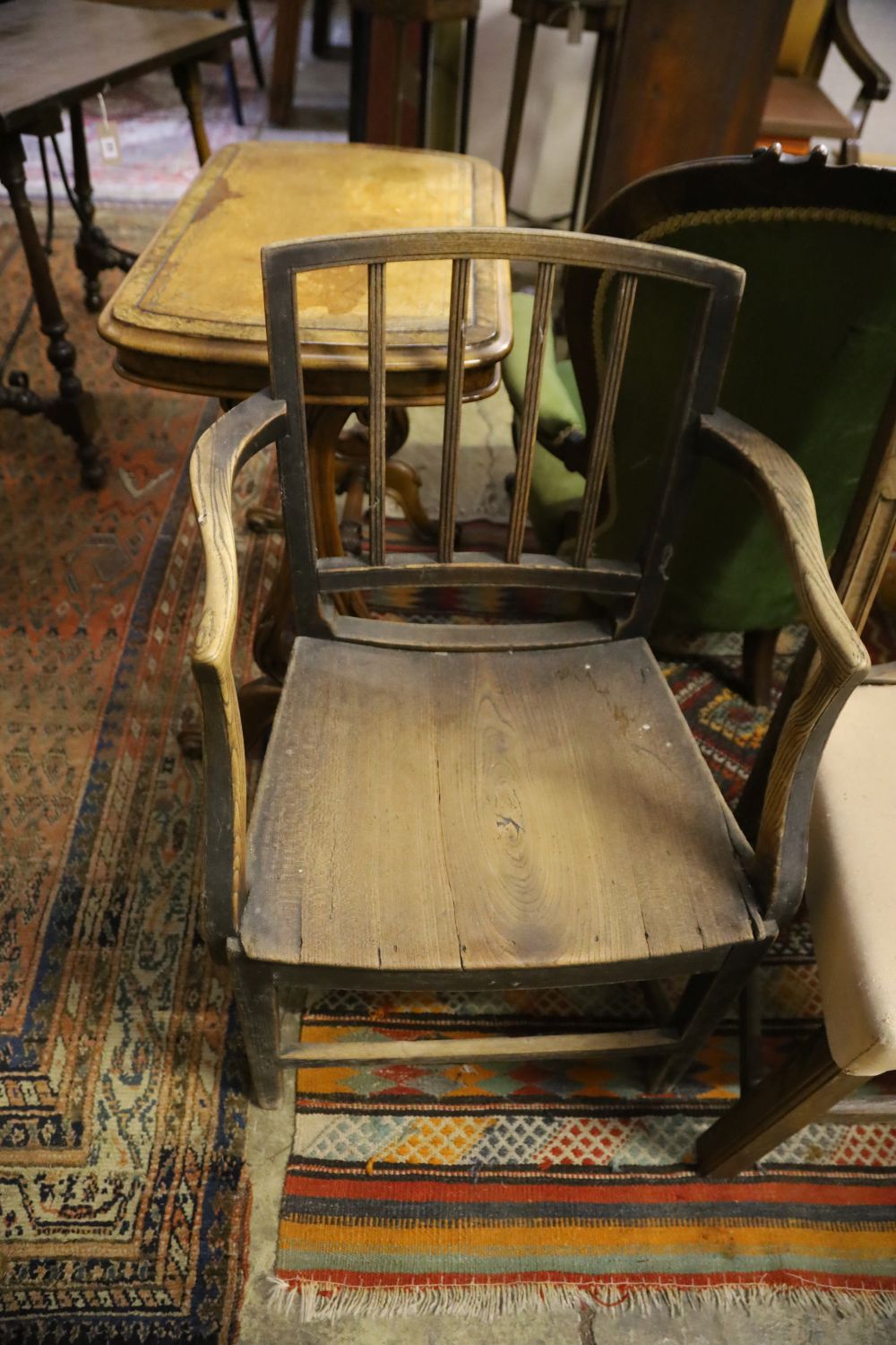 A Regency simulated bamboo elbow chair, George III provincial elbow chair and 3 others